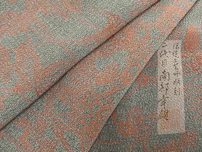 平和屋着物▽人間国宝・南部芳松の息子 伝統工芸伝承者彫刻・南部幸雄　型染　小紋　単衣　花蝶文　鬼しぼ縮緬　正絹　逸品　AABA7401fy