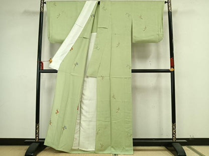 平和屋着物▽上質な小紋　単衣　総刺繍　寿光織　瓢箪　反端付き　正絹　逸品　AABA7404fy