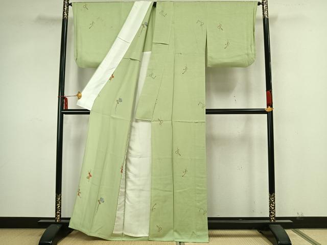 平和屋着物▽上質な小紋　単衣　総刺繍　寿光織　瓢箪　反端付き　正絹　逸品　AABA7404fy