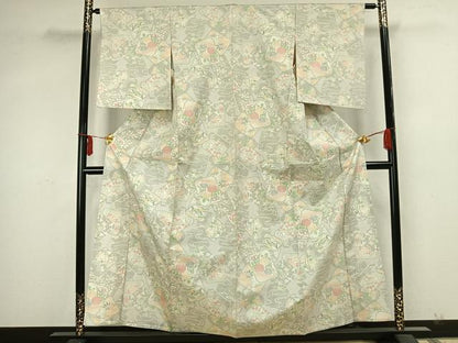 平和屋着物▽本場大島紬 白大島 単衣 色紙重ね草花文 正絹 逸品 AABA7410fy