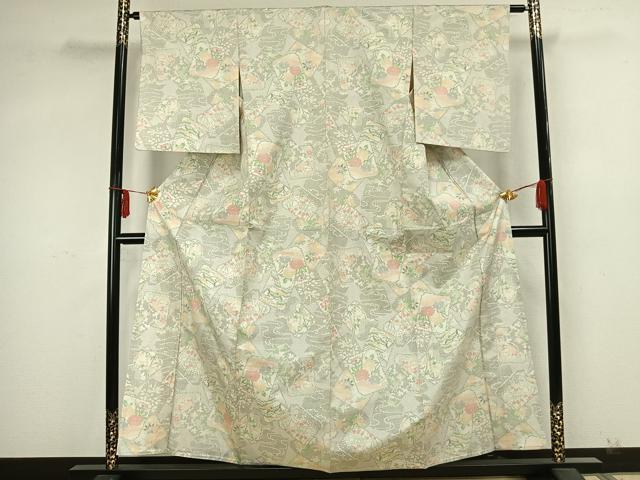 平和屋着物▽本場大島紬 白大島 単衣 色紙重ね草花文 正絹 逸品 AABA7410fy