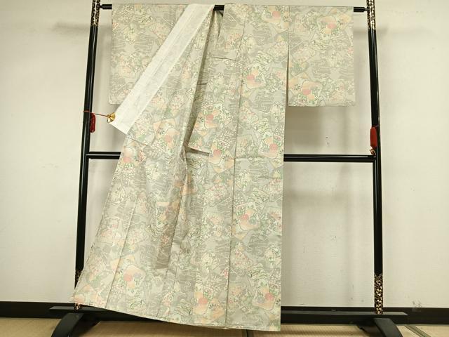 平和屋着物▽本場大島紬 白大島 単衣 色紙重ね草花文 正絹 逸品 AABA7410fy