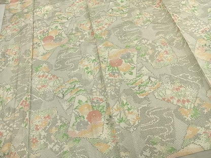 平和屋着物▽本場大島紬 白大島 単衣 色紙重ね草花文 正絹 逸品 AABA7410fy
