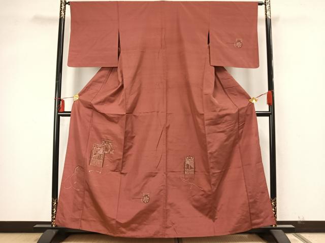 平和屋着物▽訪問着 単衣 紬地 御所車文 正絹 逸品 AABA7413fy