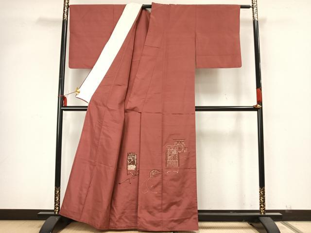 平和屋着物▽訪問着 単衣 紬地 御所車文 正絹 逸品 AABA7413fy