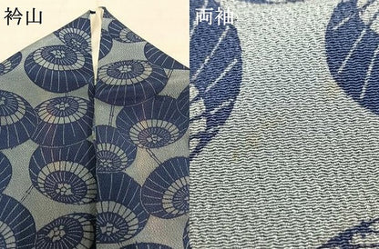 平和屋着物▽上質な小紋 単衣 藍 型染め 番傘 鬼しぼ縮緬 正絹 逸品 AABA7418fy