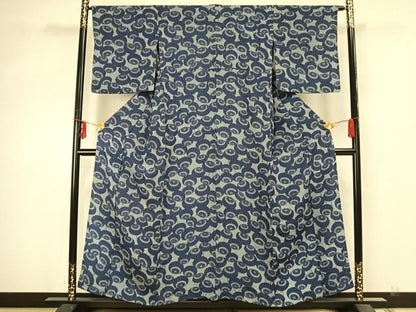 平和屋着物▽上質な小紋 単衣 藍 型染め 番傘 鬼しぼ縮緬 正絹 逸品 AABA7418fy