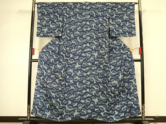平和屋着物▽上質な小紋 単衣 藍 型染め 番傘 鬼しぼ縮緬 正絹 逸品 AABA7418fy