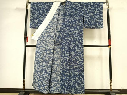 平和屋着物▽上質な小紋 単衣 藍 型染め 番傘 鬼しぼ縮緬 正絹 逸品 AABA7418fy