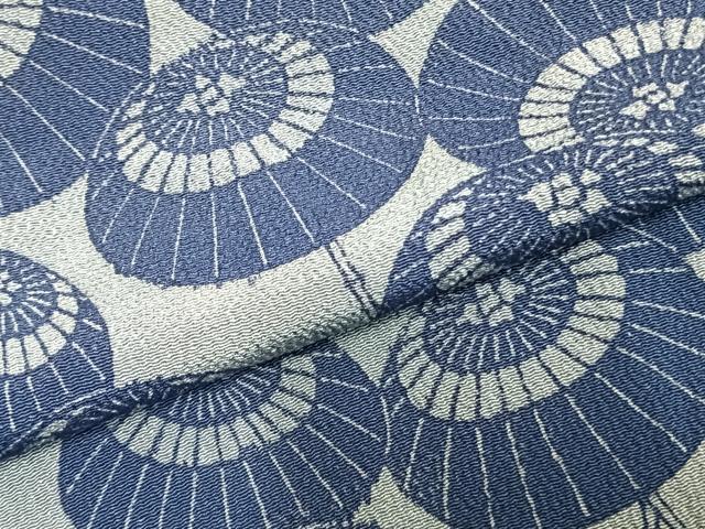 平和屋着物▽上質な小紋 単衣 藍 型染め 番傘 鬼しぼ縮緬 正絹 逸品 AABA7418fy