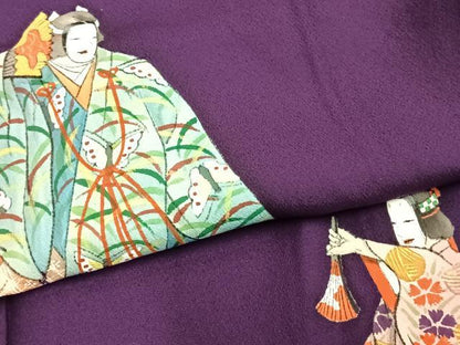 平和屋着物▽訪問着 単衣 手描き 人物扇面文 金彩 ロング丈 正絹 逸品 AABA7420fy