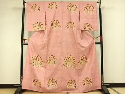 平和屋着物▽訪問着 単衣 紬地 草花文 正絹 逸品 AABA7429fy