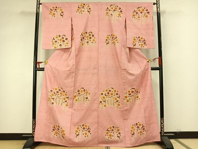平和屋着物▽訪問着 単衣 紬地 草花文 正絹 逸品 AABA7429fy
