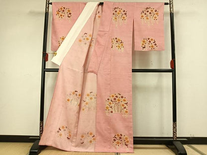 平和屋着物▽訪問着 単衣 紬地 草花文 正絹 逸品 AABA7429fy