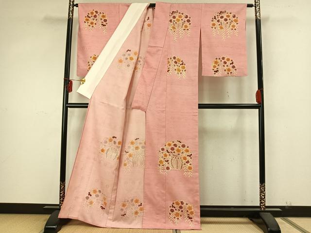 平和屋着物▽訪問着 単衣 紬地 草花文 正絹 逸品 AABA7429fy