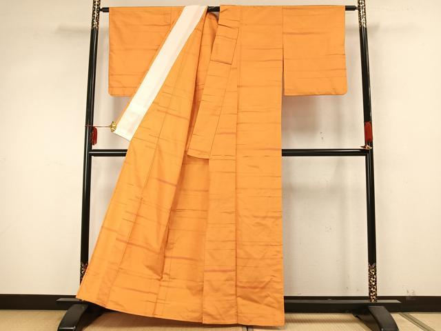 平和屋着物▽上質な紬　単衣　横縞　正絹　逸品　AABA7432fy