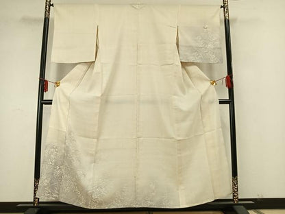 平和屋着物▽訪問着 単衣 紬地 刺繍 草花文 暈し染め 正絹 逸品 AABA7435fy