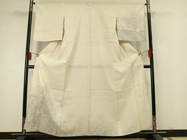 平和屋着物▽訪問着 単衣 紬地 刺繍 草花文 暈し染め 正絹 逸品 AABA7435fy