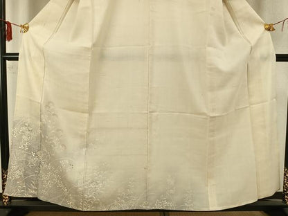 平和屋着物▽訪問着 単衣 紬地 刺繍 草花文 暈し染め 正絹 逸品 AABA7435fy