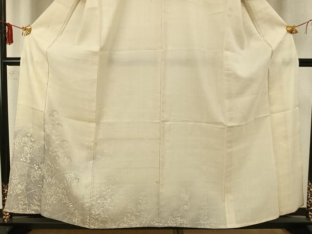 平和屋着物▽訪問着 単衣 紬地 刺繍 草花文 暈し染め 正絹 逸品 AABA7435fy