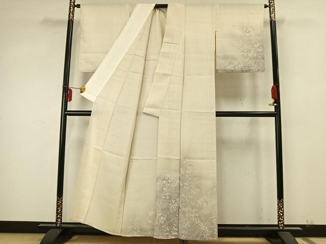 平和屋着物▽訪問着 単衣 紬地 刺繍 草花文 暈し染め 正絹 逸品 AABA7435fy