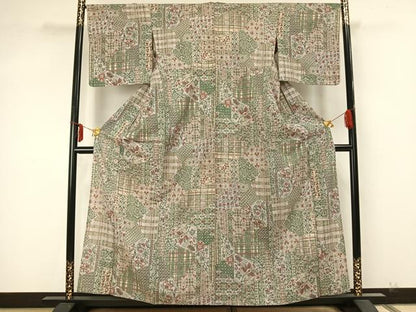 平和屋着物▽上質な小紋 単衣 紬地 切嵌花文 正絹 逸品 AABA7436fy