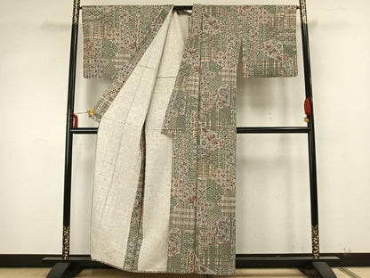 平和屋着物▽上質な小紋 単衣 紬地 切嵌花文 正絹 逸品 AABA7436fy