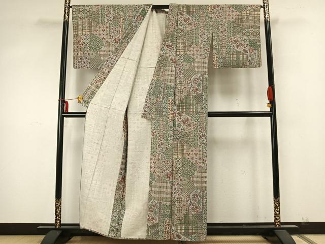 平和屋着物▽上質な小紋 単衣 紬地 切嵌花文 正絹 逸品 AABA7436fy