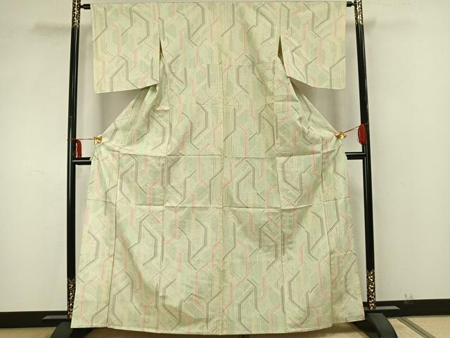 平和屋着物▽上質な紬 単衣 幾何学文様 正絹 逸品 AABA7448fy