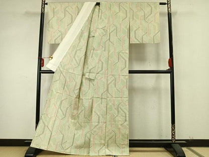 平和屋着物▽上質な紬 単衣 幾何学文様 正絹 逸品 AABA7448fy