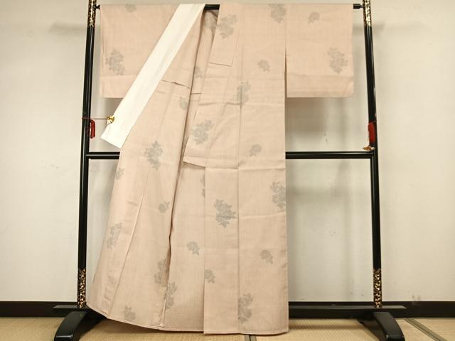 平和屋着物▽上質な紬 単衣 草花文 正絹 逸品 AABA7450fy