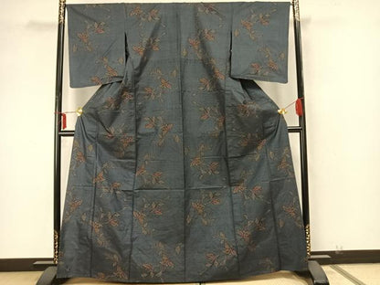 平和屋着物▽大島紬 単衣 7マルキ 草花文 反端付き 正絹 逸品 未使用 AABA7452fy