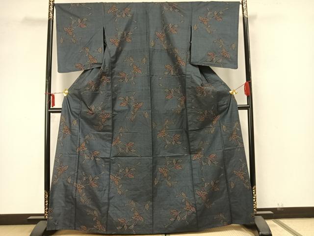 平和屋着物▽大島紬 単衣 7マルキ 草花文 反端付き 正絹 逸品 未使用 AABA7452fy