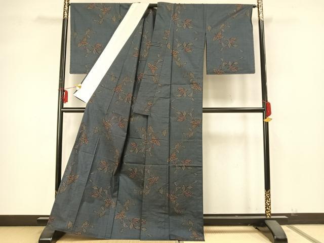 平和屋着物▽大島紬 単衣 7マルキ 草花文 反端付き 正絹 逸品 未使用 AABA7452fy