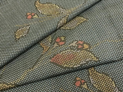平和屋着物▽大島紬 単衣 7マルキ 草花文 反端付き 正絹 逸品 未使用 AABA7452fy