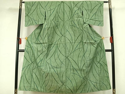 平和屋着物▽上質な紬 単衣 草葉文 正絹 逸品 AABA7455fy