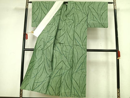 平和屋着物▽上質な紬 単衣 草葉文 正絹 逸品 AABA7455fy
