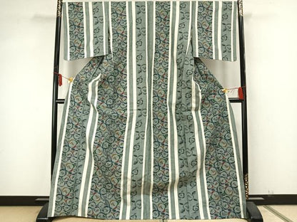 平和屋着物▽上質な紬 単衣 草花間道 ロング丈 正絹 逸品 AABA7456fy