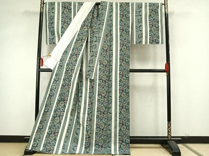 平和屋着物▽上質な紬 単衣 草花間道 ロング丈 正絹 逸品 AABA7456fy
