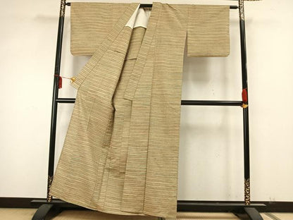 平和屋着物▽上質な紬　単衣　横縞　正絹　逸品　AABA7464fy