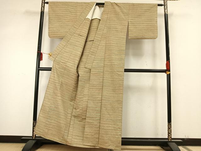 平和屋着物▽上質な紬　単衣　横縞　正絹　逸品　AABA7464fy