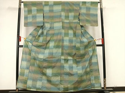 平和屋着物▽上質な紬　単衣　おばな絣　横縞　反端付き　正絹　逸品　AABA7465fy