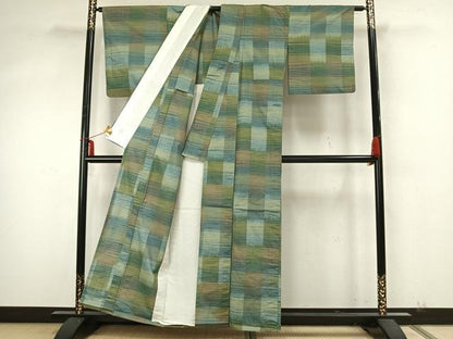 平和屋着物▽上質な紬　単衣　おばな絣　横縞　反端付き　正絹　逸品　AABA7465fy