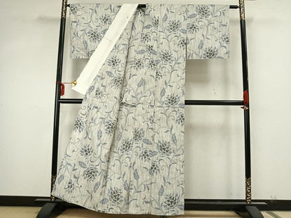 平和屋着物▽上質な紬 単衣 花唐草文 正絹 逸品 AABA7467fy