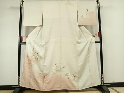 平和屋着物▽訪問着　単衣　駒刺繍　草花文　金彩　正絹　逸品　AABA7469fy