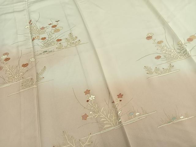 平和屋着物▽訪問着　単衣　駒刺繍　草花文　金彩　正絹　逸品　AABA7469fy