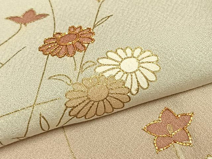 平和屋着物▽訪問着　単衣　駒刺繍　草花文　金彩　正絹　逸品　AABA7469fy