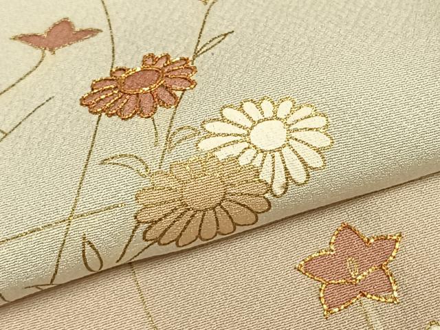平和屋着物▽訪問着　単衣　駒刺繍　草花文　金彩　正絹　逸品　AABA7469fy