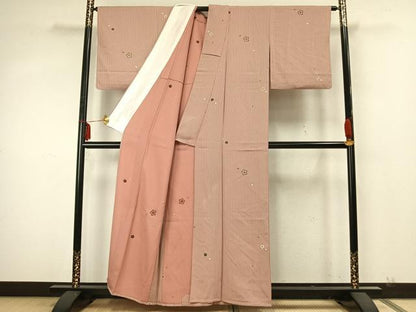 平和屋着物▽上質な小紋 単衣 舞桜文 縞 金彩 正絹 逸品 AABA7472fy