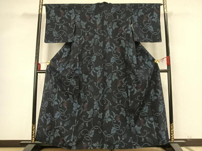 平和屋着物▽結城ちぢみ 単衣 花唐草文 正絹 逸品 AABA7478fy
